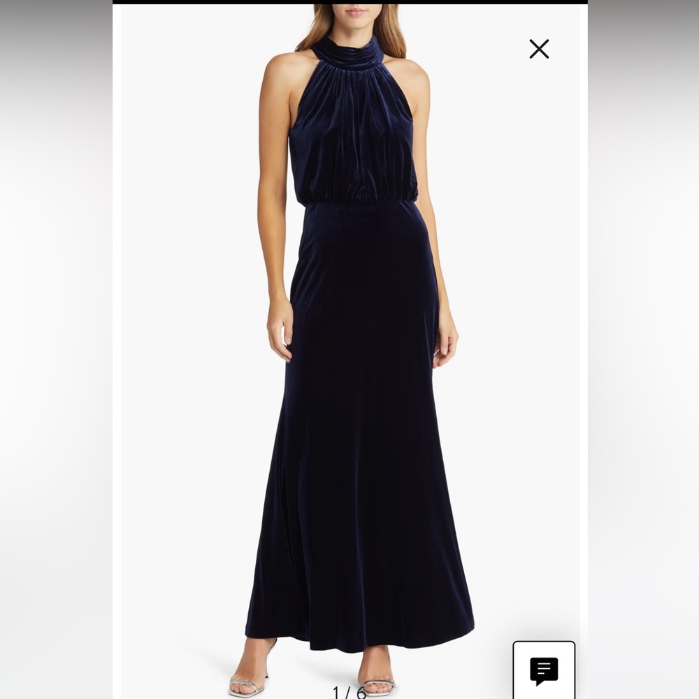 Eliza J Navy Velvet Mock Neck Full Length Evening Dress Blouson Gown SIZE 6